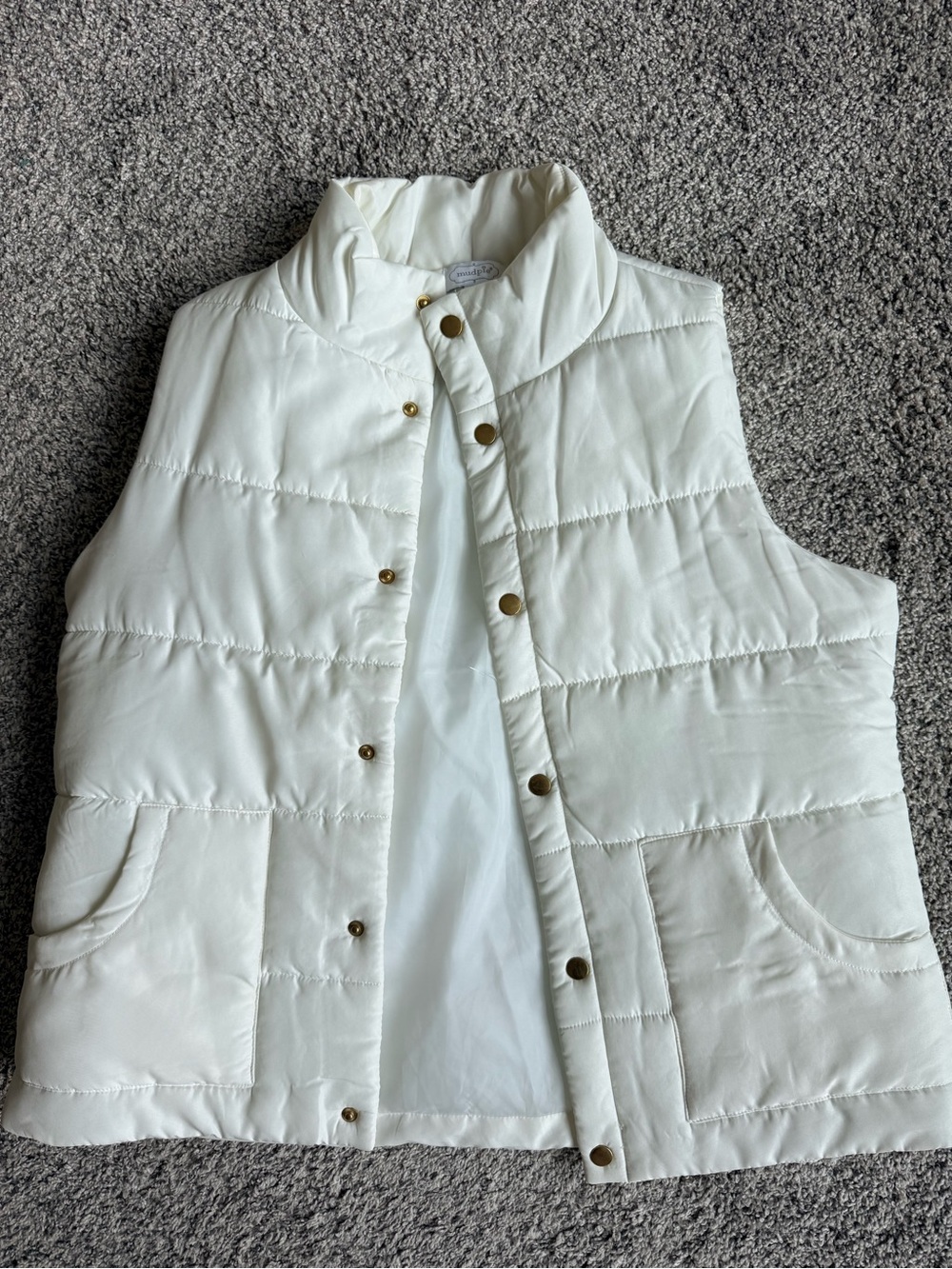 Mud Pie Cream Quilted Puffer Vest with Gold Snaps